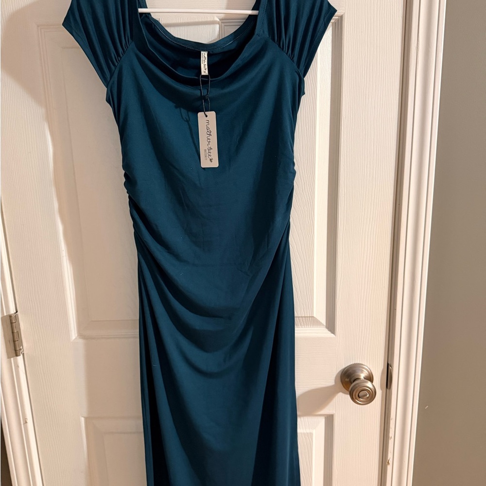 Mother Bee Maternity Teal Blue Maxi Dress with Cap Sleeves